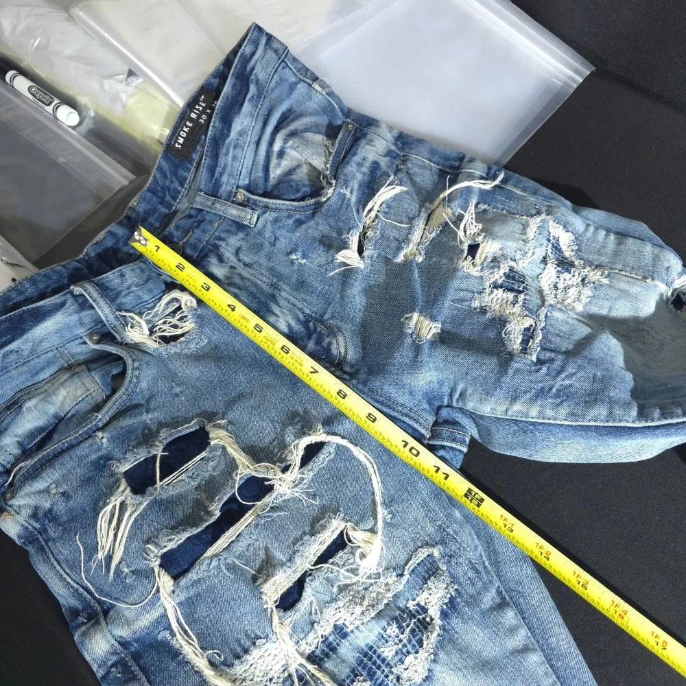 Smoke Rise Distressed Flare Jeans Men 30x36 Blue Streetwear Ripped Repaired Slim